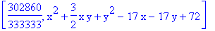[302860/333333, x^2+3/2*x*y+y^2-17*x-17*y+72]